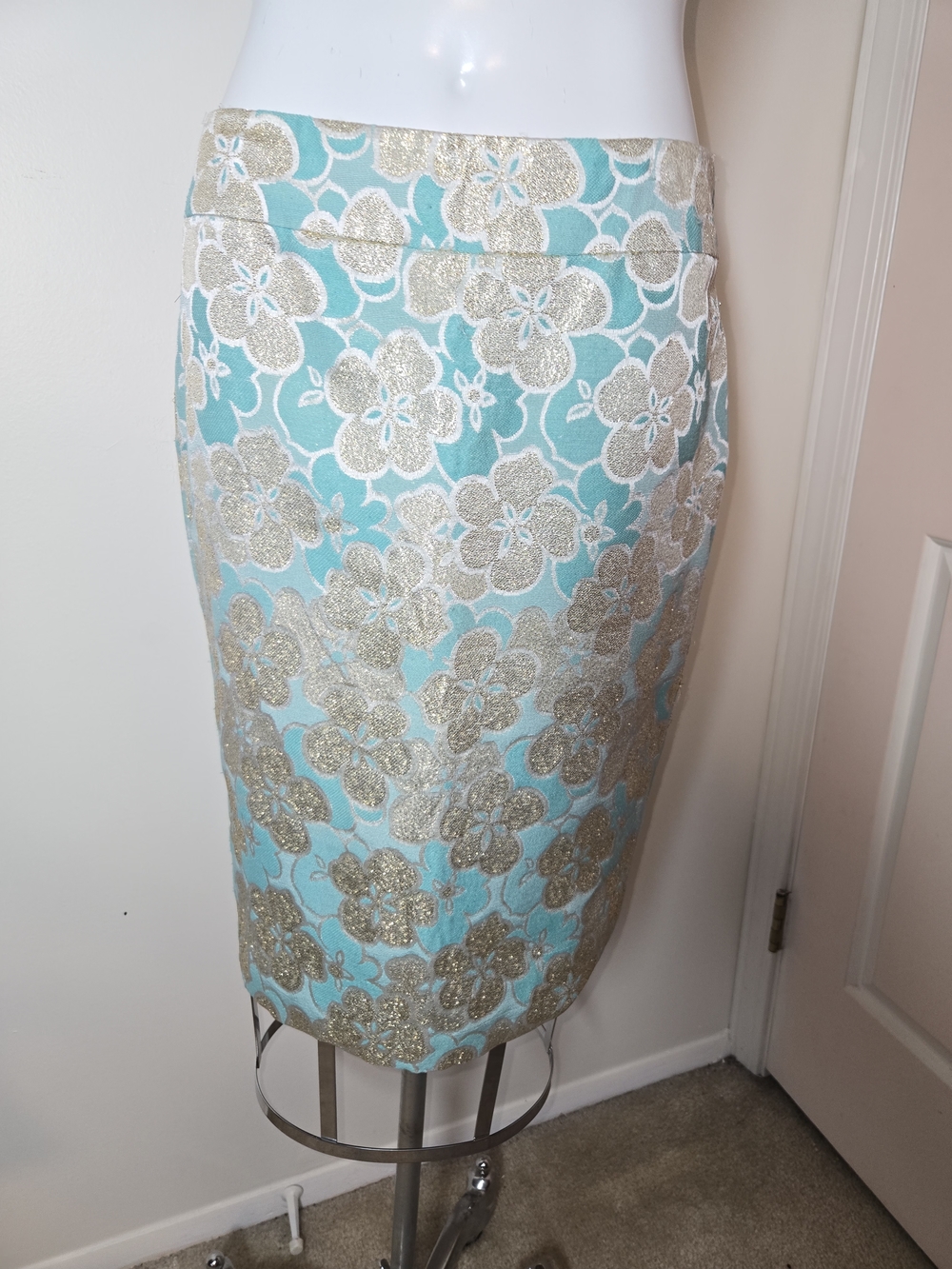 Banana Republic Aqua and Gold Floral Pencil Skirt